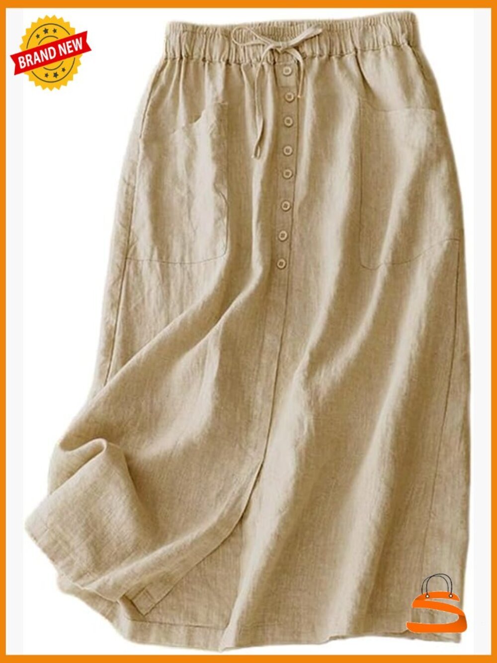 Linen Midi Skirt High Waist Drawstring Button Down Slit A-Line Flowy Casual